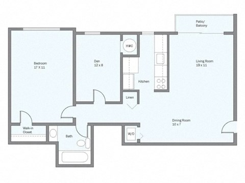 Floor plan for 1 bed, 1 bath, 868 sqft
