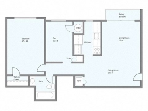 Floor plan for 1 bed, 1 bath, 866 sqft