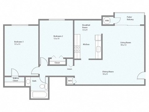 Floor plan for 2 beds, 1 bath, 1039 sqft