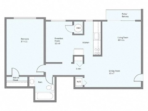 Floor plan for 1 bed, 1 bath, 868 sqft