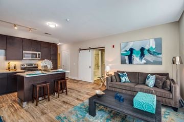 Dulles apartment for rent - A modern living room with a bar area and a painting on the wall.