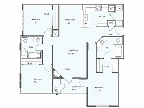 Floor plan for 3 beds, 2 baths, 1371 sqft