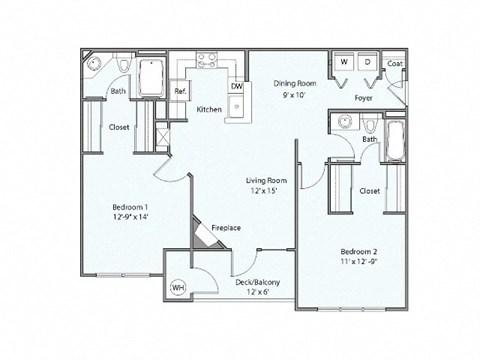 Floor plan for 2 beds, 2 baths, 1031 sqft