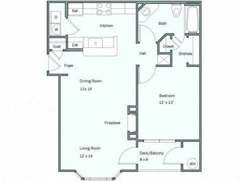 Floor plan for 1 bed, 1 bath, 741 sqft
