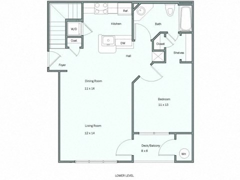 Floor plan for 1 bed, 1 bath, 893 sqft