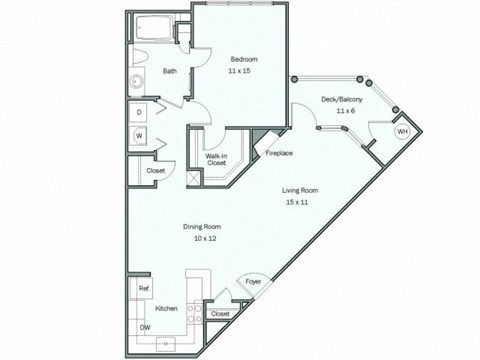 Floor plan for 1 bed, 1 bath, 860 sqft