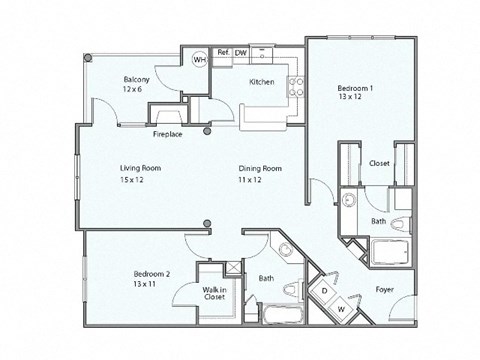 Floor plan for 2 beds, 2 baths, 1212 sqft