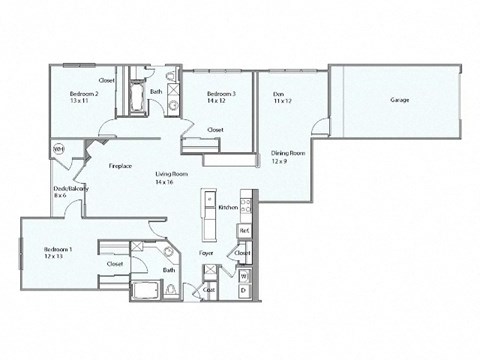 Floor plan for 3 beds, 2 baths, 1634 sqft