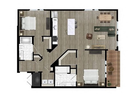 Floor plan for 2 beds, 2 baths, 1214 sqft