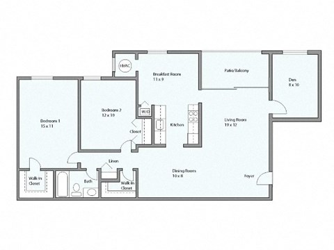 Floor plan for 2 beds, 1 bath, 1219 sqft
