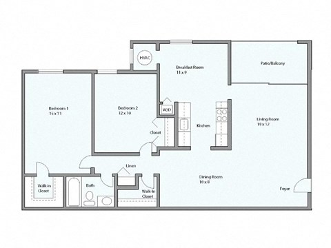 Floor plan for 2 beds, 1 bath, 1041 sqft