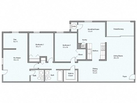 Floor plan for 2 beds, 1 bath, 1407 sqft