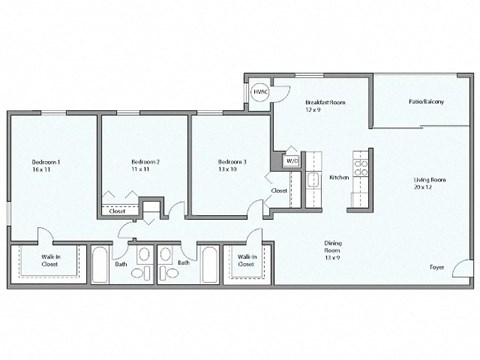 Floor plan for 3 beds, 2 baths, 1407 sqft