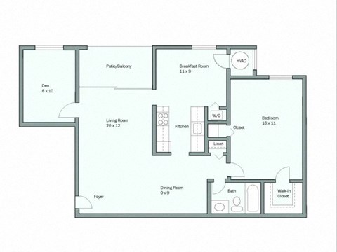 Floor plan for 1 bed, 1 bath, 993 sqft