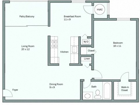 Floor plan for 1 bed, 1 bath, 816 sqft
