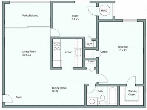 Floor plan for 1 bed, 1 bath, 820 sqft