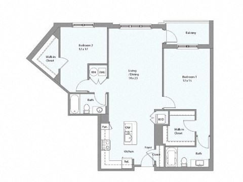 Floor plan for 2 beds, 2 baths, 1156 sqft