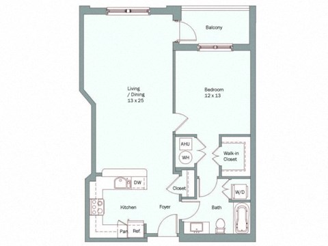 Floor plan for 1 bed, 1 bath, 819 sqft