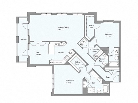 Floor plan for 2 beds, 2 baths