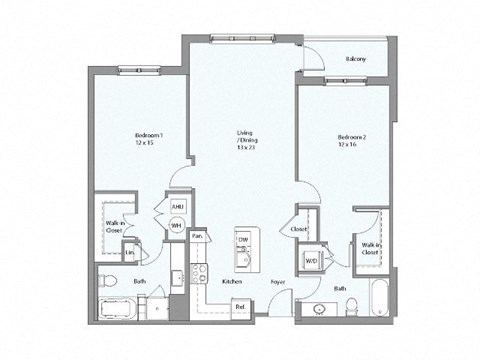 Floor plan for 2 beds, 2 baths, 1231 sqft