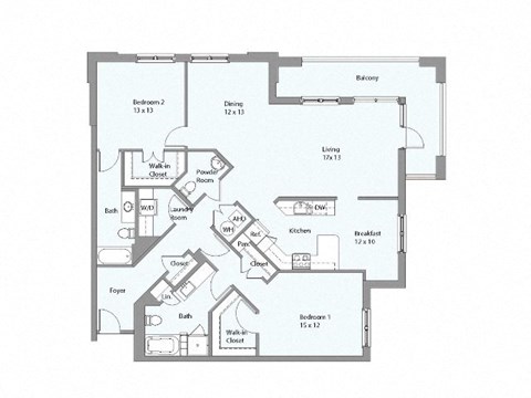 Floor plan for 2 beds, 2.5 baths, 1602 sqft