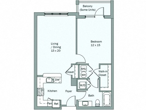 Floor plan for 1 bed, 1 bath, 783 sqft