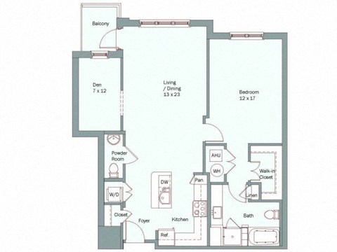 Floor plan for 1 bed, 1.5 baths, 971 sqft