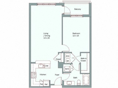 Floor plan for 1 bed, 1 bath, 901 sqft