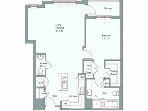 Floor plan for 1 bed, 1.5 baths, 946 sqft