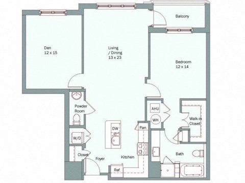Floor plan for 1 bed, 1.5 baths, 1049 sqft