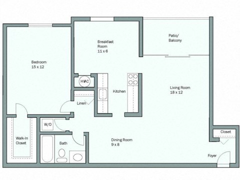 Floor plan for 1 bed, 1 bath, 845 sqft