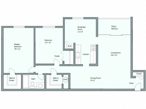 Floor plan for 2 beds, 1 bath, 1046 sqft