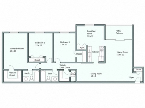 Floor plan for 3 beds, 2 baths, 1325 sqft