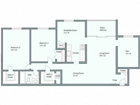 Floor plan for 2 beds, 1 bath, 1186 sqft