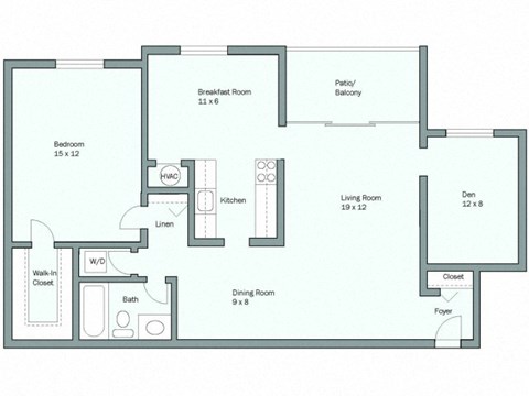Floor plan for 1 bed, 1 bath, 971 sqft