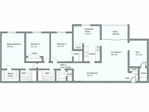Floor plan for 3 beds, 2 baths, 1482 sqft