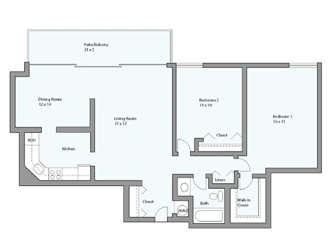 Floor plan for 2 beds, 1 bath, 971 sqft