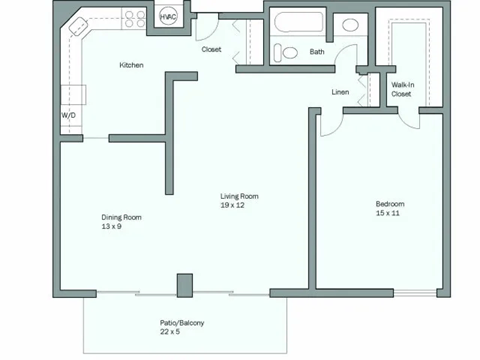 Floor plan for 1 bed, 1 bath, 841 sqft