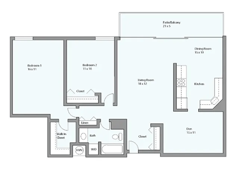 Floor plan for 2 beds, 1 bath, 1057 sqft