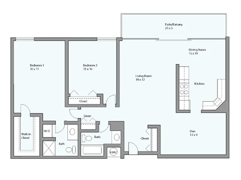 Floor plan for 2 beds, 2 baths, 1123 sqft