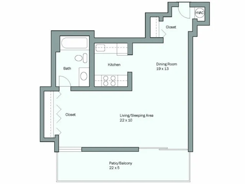 Floor plan for studio, 1 bath, 491 sqft