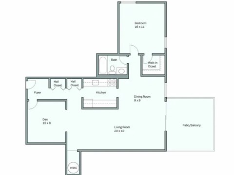 Floor plan for 1 bed, 1 bath, 1043 sqft