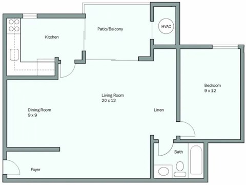 Floor plan for 1 bed, 1 bath, 761 sqft