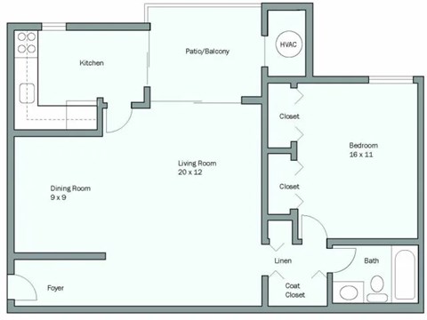 Floor plan for 1 bed, 1 bath, 834 sqft