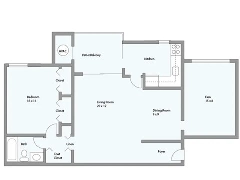 Floor plan for 1 bed, 1 bath, 975 sqft