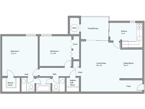 Floor plan for 2 beds, 1.5 baths, 1058 sqft