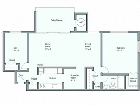Floor plan for 1 bed, 1 bath, 950 sqft