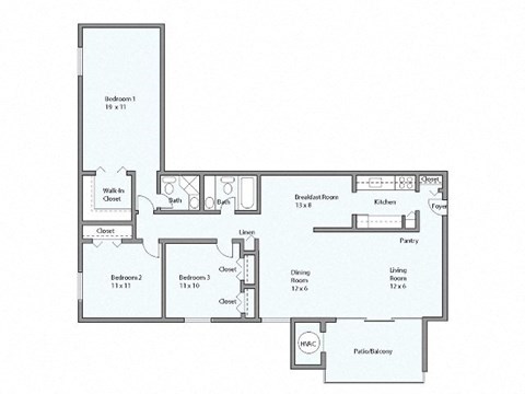 Floor plan for 3 beds, 2 baths, 1319 sqft