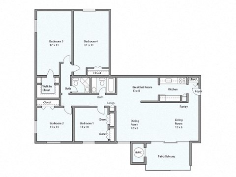 Floor plan for 4 beds, 2 baths, 1522 sqft