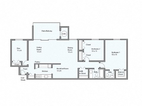 Floor plan for 2 beds, 1.5 baths, 1181 sqft
